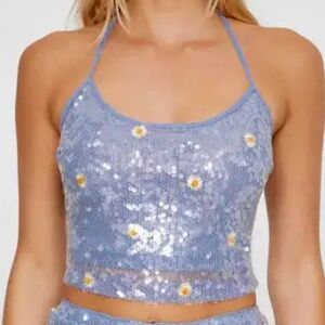 Nasty Gal Blue Sequin Daisy Print Crop Top - size M - NWT